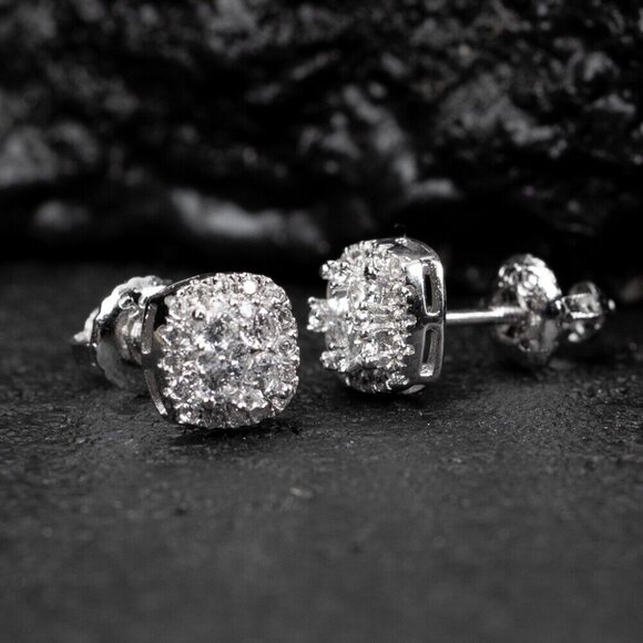 White Gold 925 Sterling Silver Small 3D Cube Square Cluster Stud Earrings - Picture 4 of 5